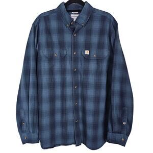 Carhartt Fort Plaid Long Sleeve Shirt Mens Large Blue Relaxed Fit Irregular